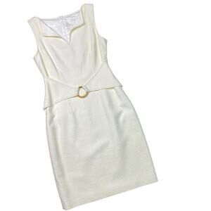 DAVID MEISTER | sz 8 Women's Cream Belted Knee Length Sleeveless Sheath Dress